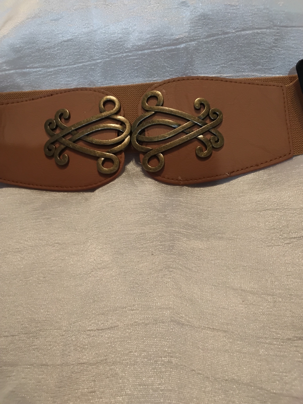 Women's Tan Stretch Waist Belt with Antique Gold Filigree Buckle